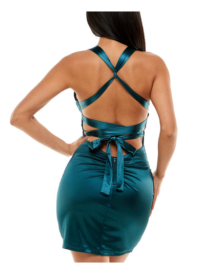 B DARLIN Womens Teal Stretch Ruched Zippered Crisscross Straps Lace Up Back Sleeveless V Neck Short Party Body Con Dress Juniors XL