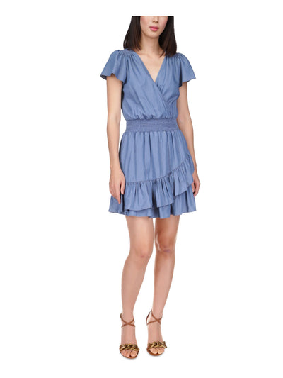 MICHAEL MICHAEL KORS Womens Blue Smocked Ruffled Tiered Unlined Pullover Flutter Sleeve Surplice Neckline Above The Knee Fit + Flare Dress S