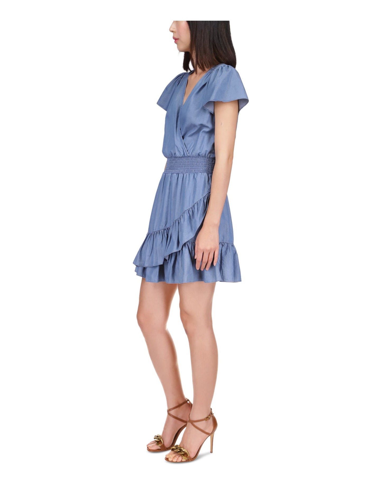 MICHAEL MICHAEL KORS Womens Blue Smocked Ruffled Tiered Unlined Pullover Flutter Sleeve Surplice Neckline Above The Knee Fit + Flare Dress S