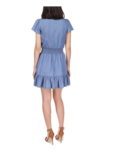 MICHAEL KORS Womens Blue Smocked Ruffled Tiered Unlined Pullover Flutter Sleeve Surplice Neckline Above The Knee Fit + Flare Dress S