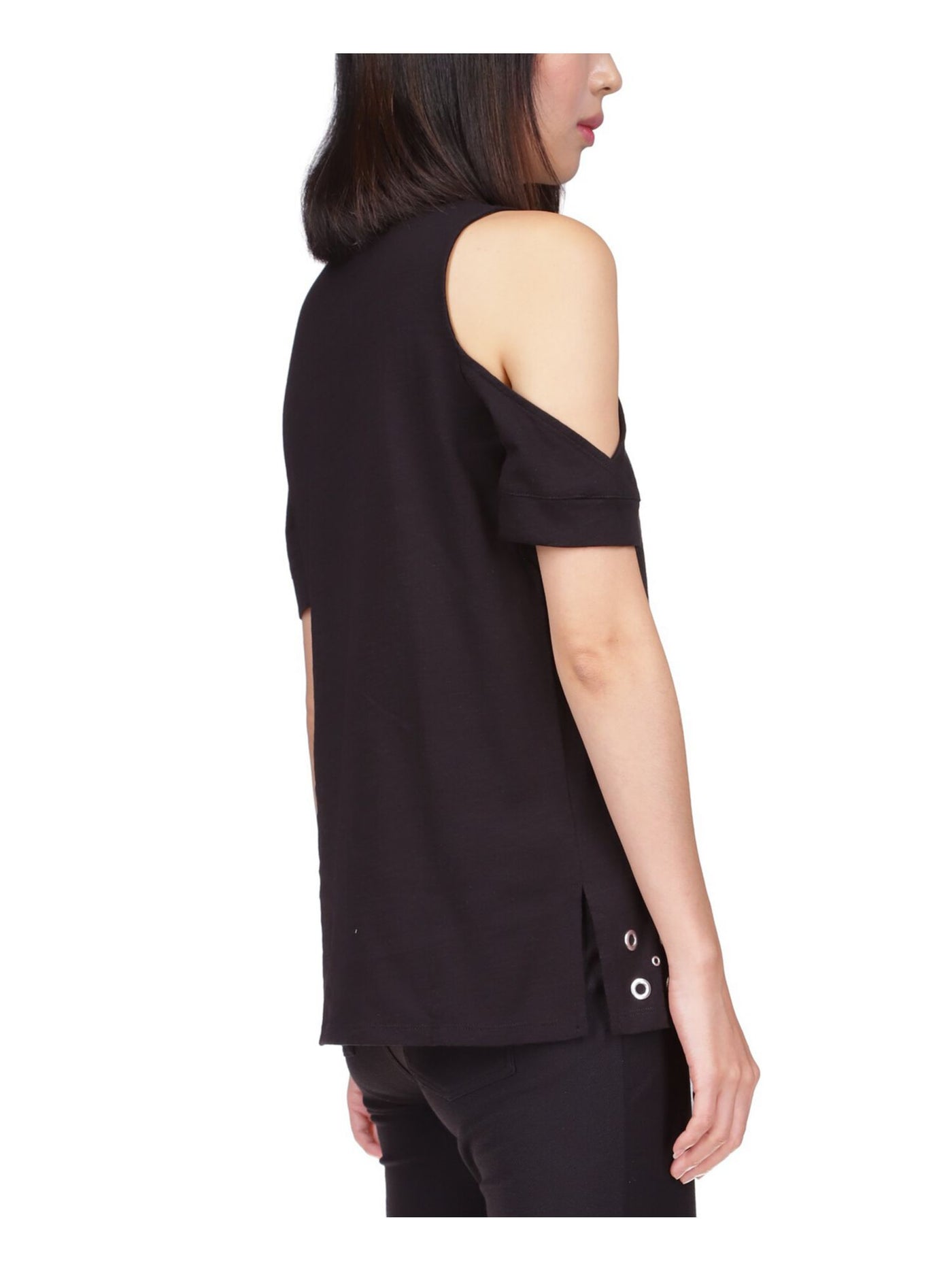 MICHAEL MICHAEL KORS Womens Black Cold Shoulder Grommet Embellished Split Hems Short Sleeve Crew Neck Top Petites P\S