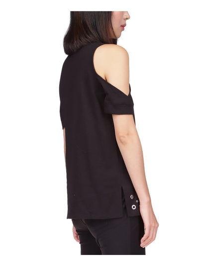 MICHAEL MICHAEL KORS Womens Black Cold Shoulder Grommet Embellished Split Hems Short Sleeve Crew Neck Top Petites P\S