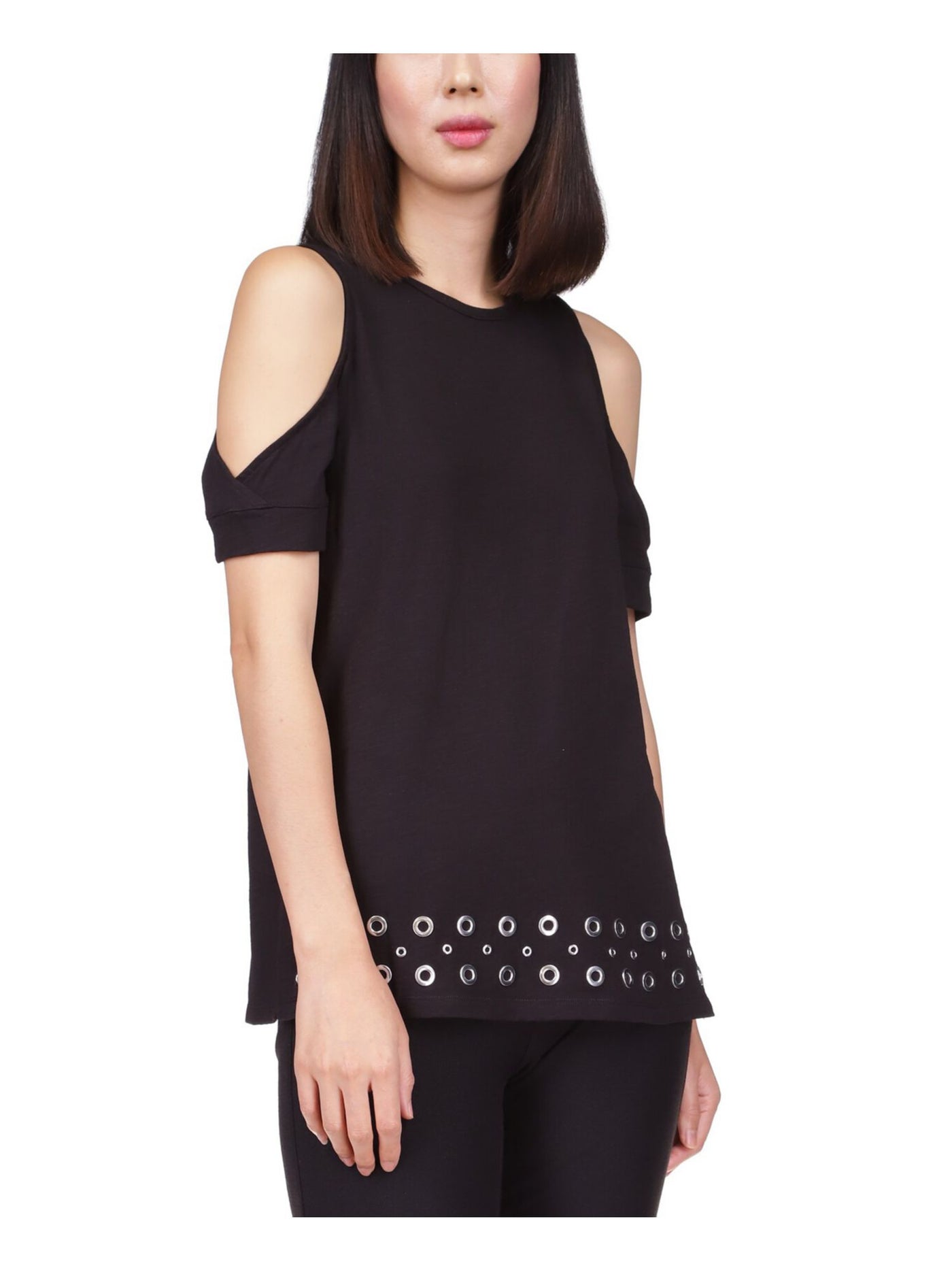 MICHAEL MICHAEL KORS Womens Black Cold Shoulder Grommet Embellished Split Hems Short Sleeve Crew Neck Top Petites P\XS