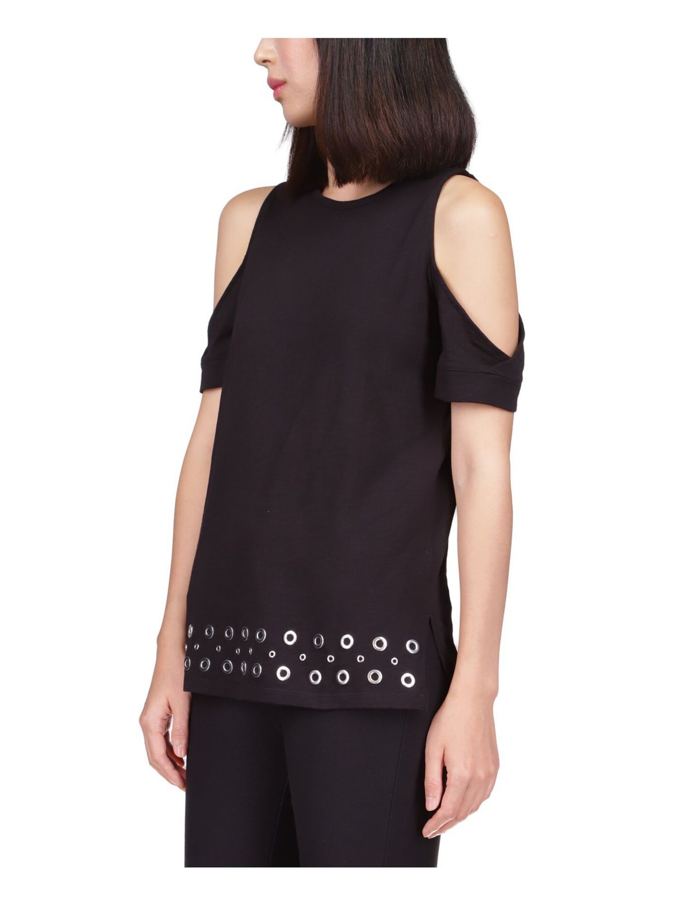 MICHAEL MICHAEL KORS Womens Black Cold Shoulder Grommet Embellished Split Hems Short Sleeve Crew Neck Top Petites P\XS