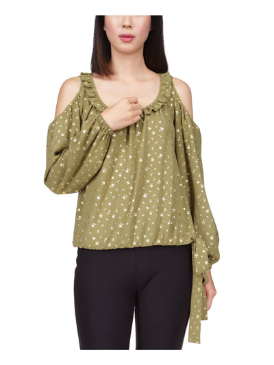 MICHAEL KORS Womens Green Cold Shoulder Ruffled Tie Detailed Hem Printed Long Sleeve Round Neck Top XS