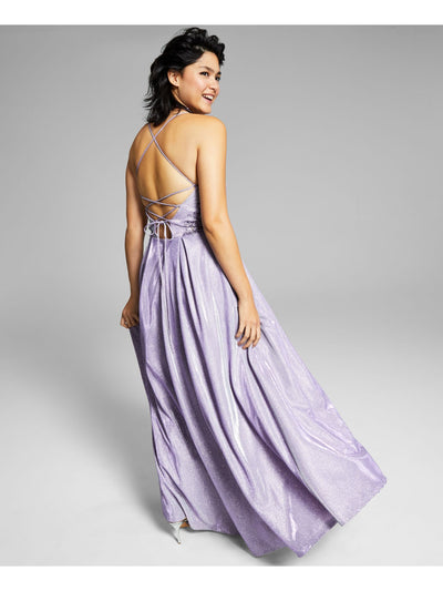 CITY STUDIO Womens Purple Pleated Zippered Plunging V-neck Lace-up Back Sleeveless Full-Length Gown Prom Dress 3