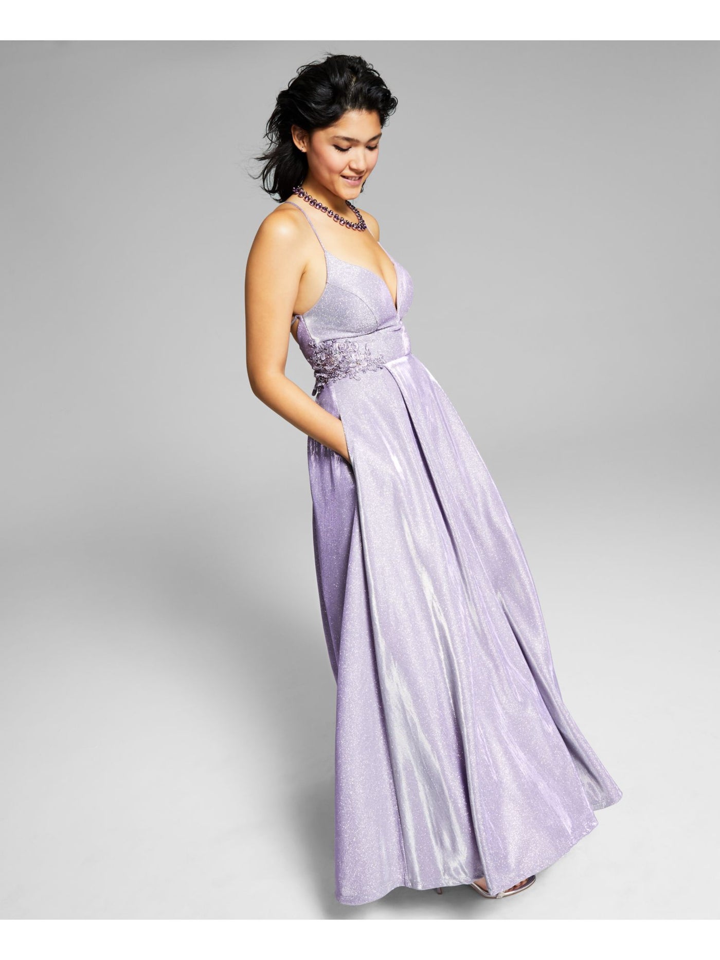 CITY STUDIO Womens Purple Pleated Zippered Plunging V-neck Lace-up Back Sleeveless Full-Length Gown Prom Dress 3