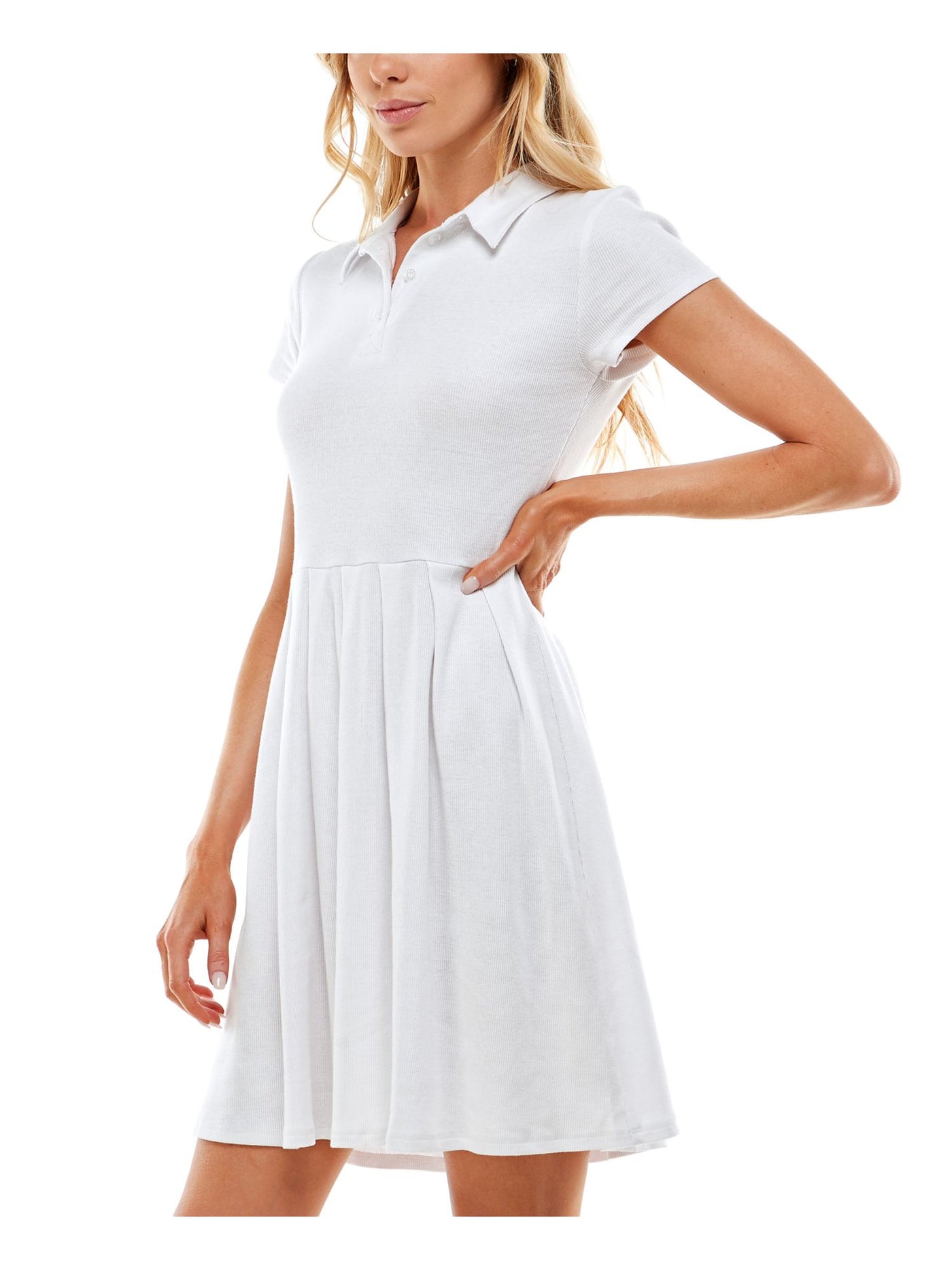 PLANET GOLD Womens White Pleated Ribbed Short Sleeve Point Collar Short Fit + Flare Dress XL