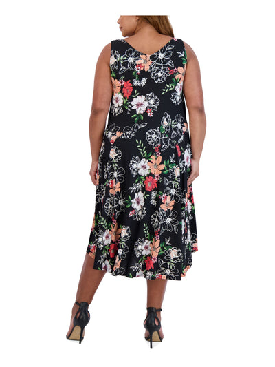 SIGNATURE BY ROBBIE BEE Womens Black Stretch Unlined Textured Floral Sleeveless Cowl Neck Below The Knee Party Fit + Flare Dress Plus 2X