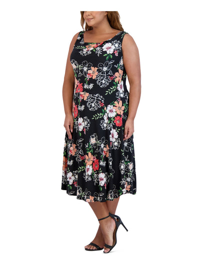 SIGNATURE BY ROBBIE BEE Womens Black Stretch Unlined Textured Floral Sleeveless Cowl Neck Below The Knee Party Fit + Flare Dress Plus 2X