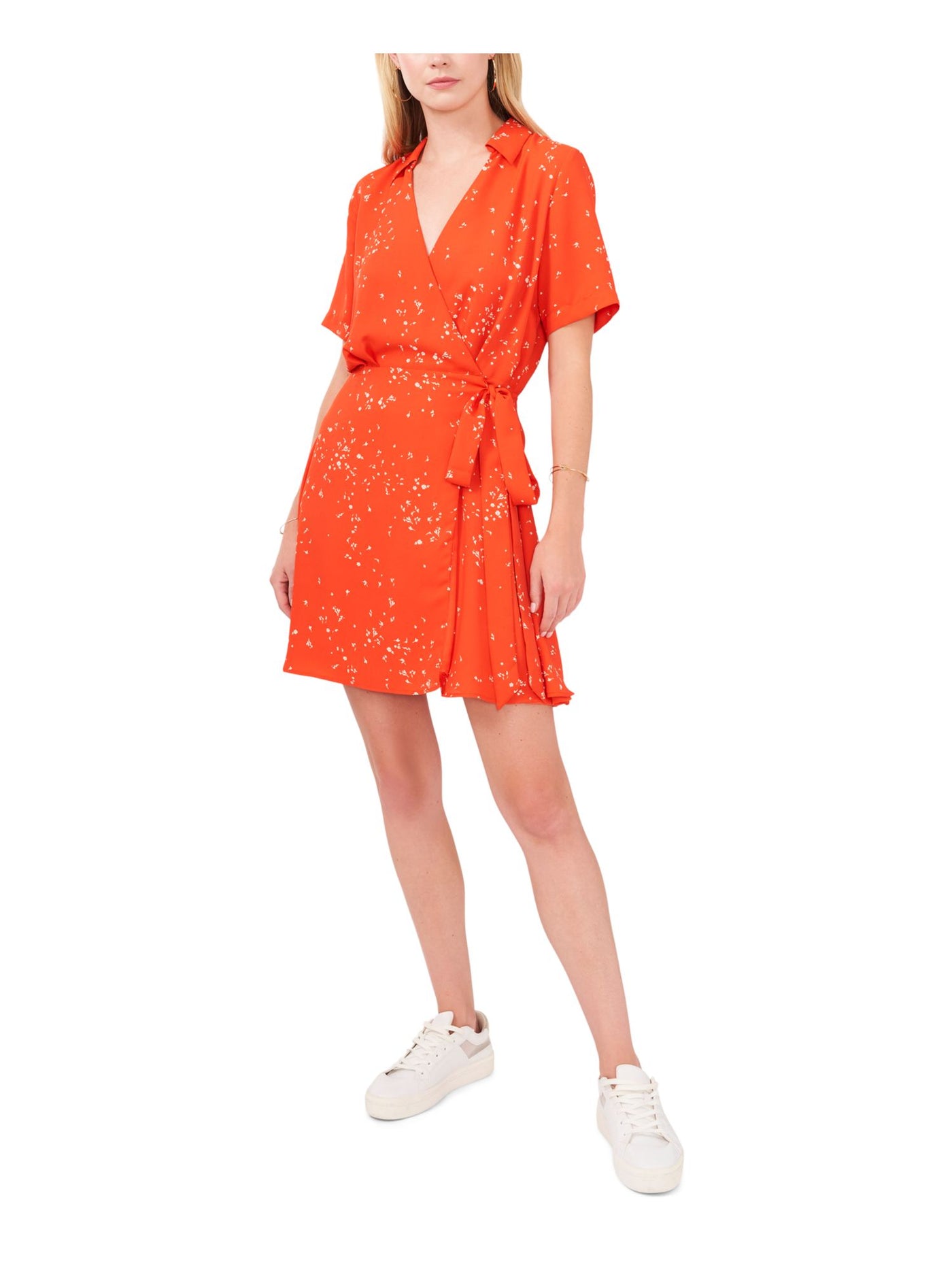 VINCE CAMUTO Womens Orange Tie Lined Floral Short Sleeve Surplice Neckline Short Wrap Dress XS