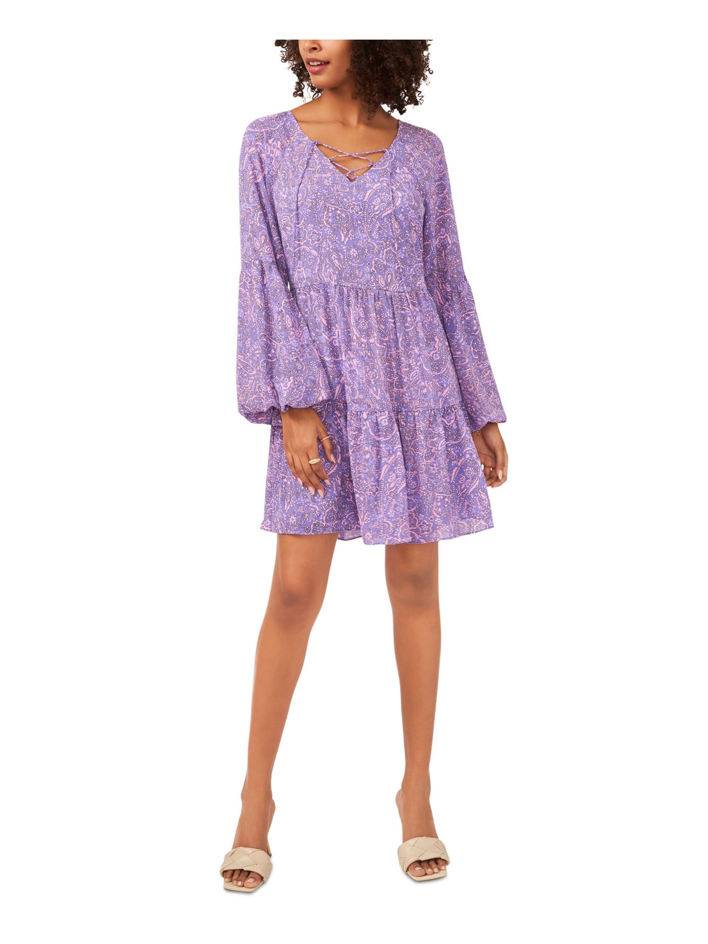 VINCE CAMUTO Womens Purple Lined Pullover Lace-up Tiered Paisley Balloon Sleeve Split Short Fit + Flare Dress XS