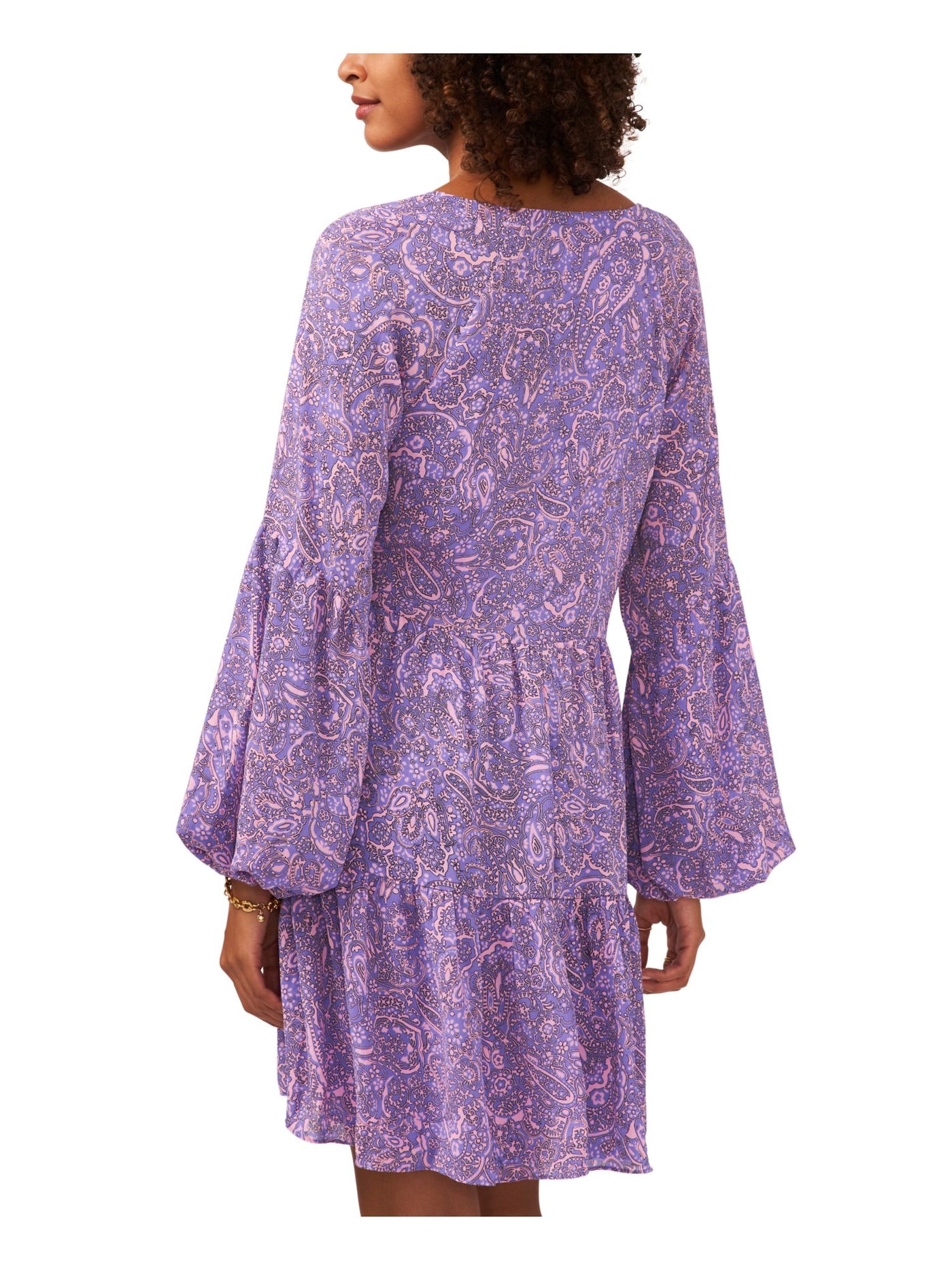 VINCE CAMUTO Womens Purple Lined Pullover Lace-up Tiered Paisley Balloon Sleeve Split Short Fit + Flare Dress XS