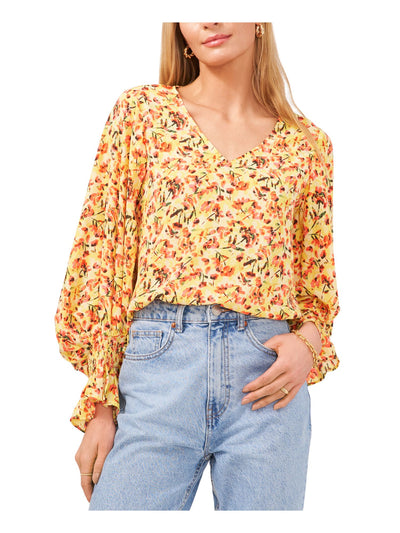 VINCE CAMUTO Womens Yellow Smocked Floral Long Sleeve V Neck Blouse XXS