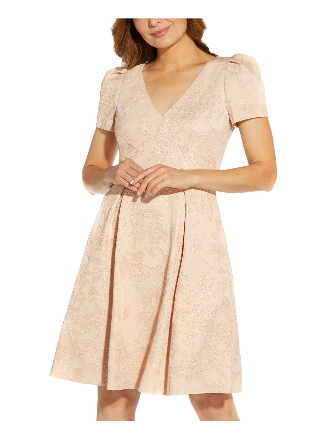 ADRIANNA PAPELL Womens Pocketed Zippered Pleated Skirt Short Sleeve V Neck Above The Knee Wear To Work Fit + Flare Dress