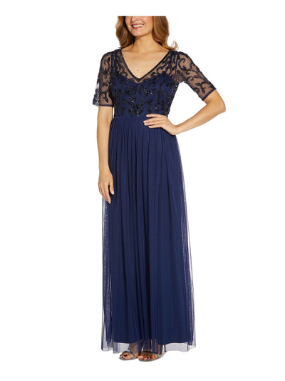 PAPELL STUDIO Womens Navy Embellished Zippered Sheer Lined Short Sleeve Illusion Neckline Full-Length Formal Gown Dress 4