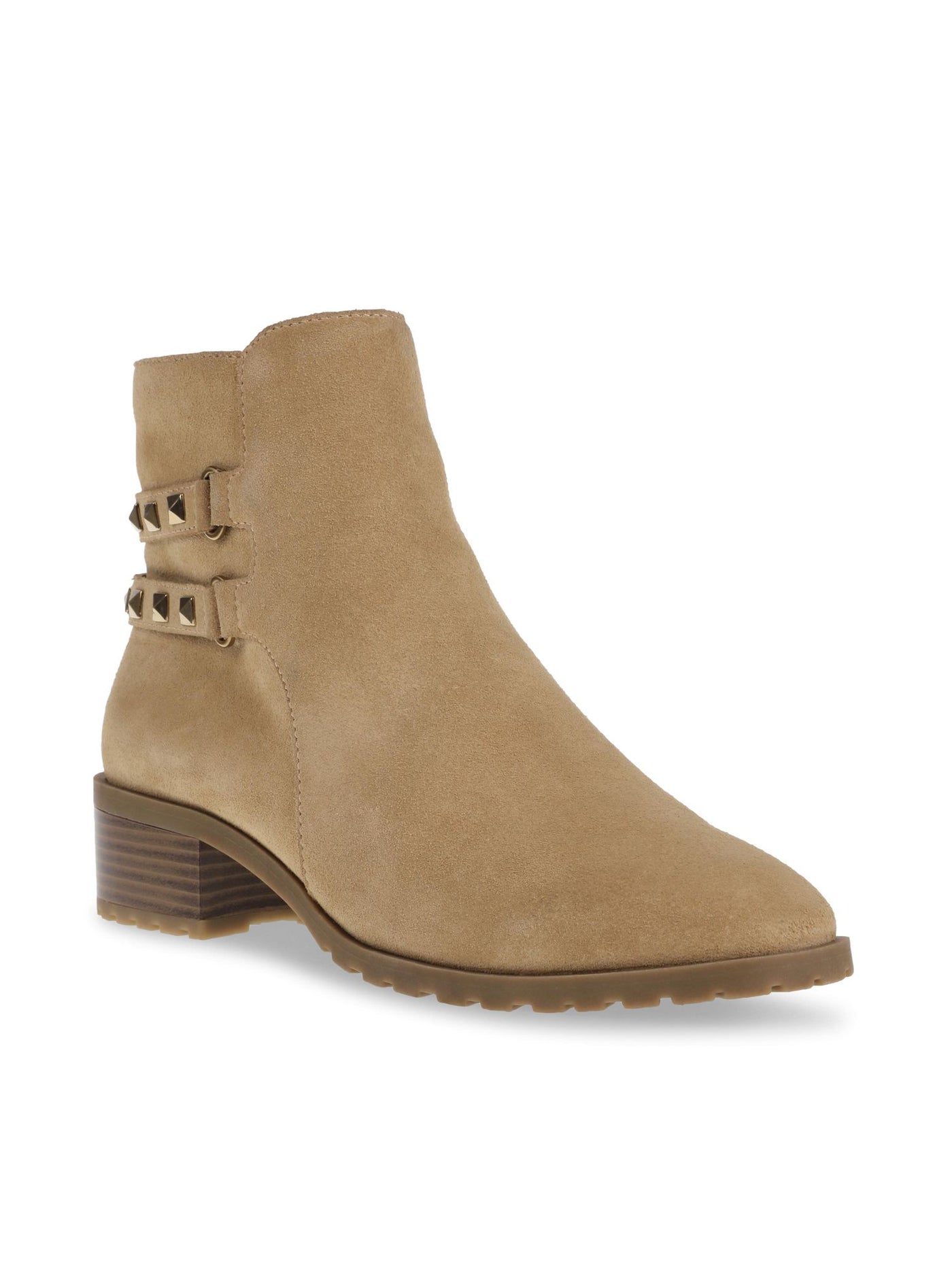 ANNE KLEIN Womens Beige Cushioned Studded Caimile Almond Toe Block Heel Zip-Up Leather Booties 6 M