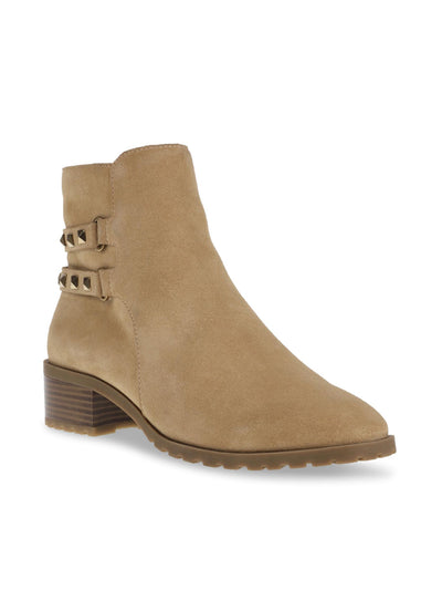 ANNE KLEIN Womens Beige Cushioned Studded Caimile Almond Toe Block Heel Zip-Up Leather Booties 6 M