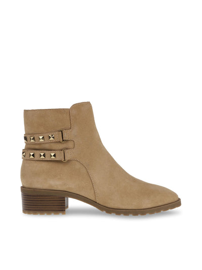 ANNE KLEIN Womens Beige Cushioned Studded Caimile Almond Toe Block Heel Zip-Up Leather Booties 6 M
