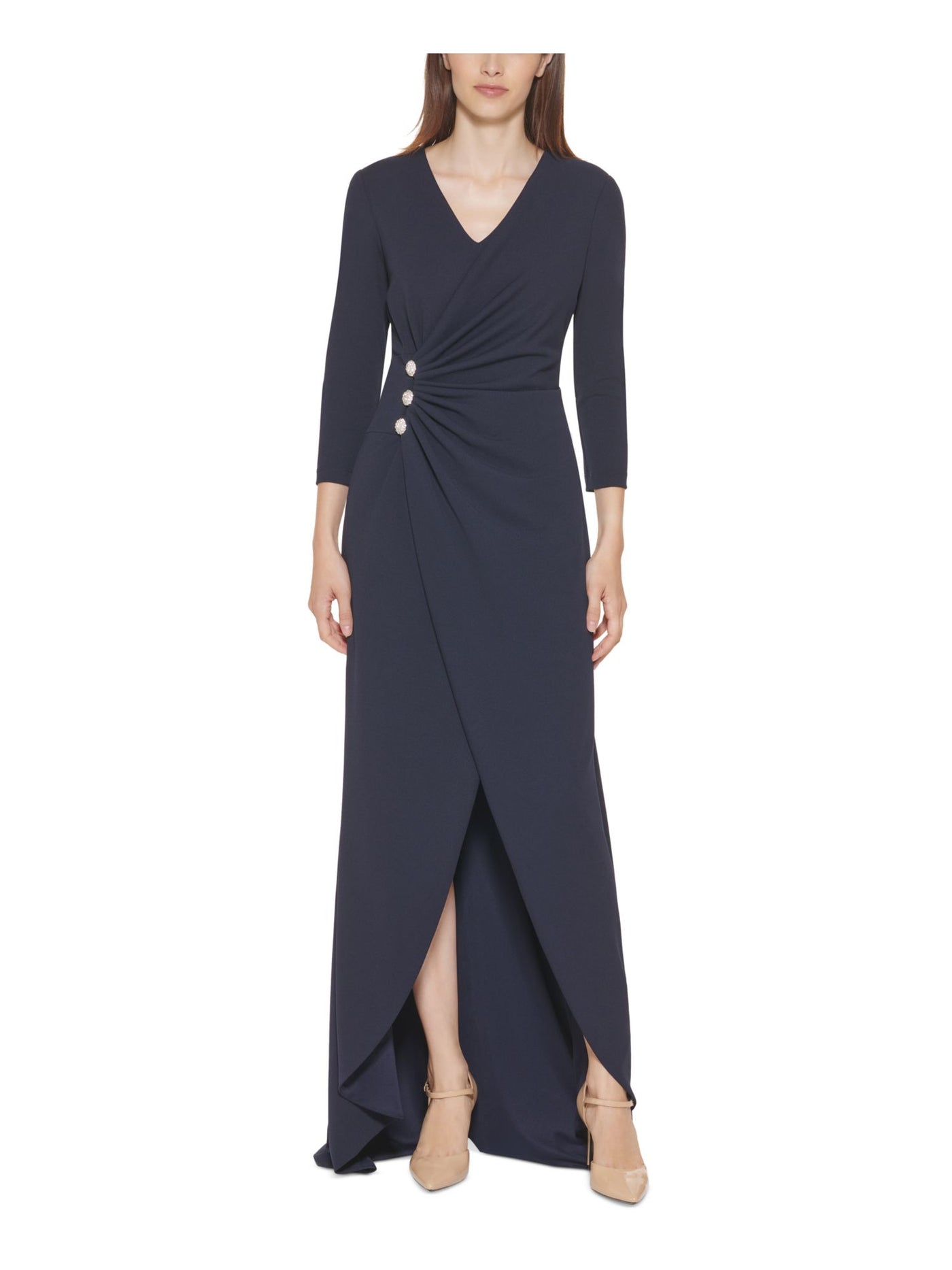 CALVIN KLEIN Womens Navy Zippered Pleated Button Detail Gown Lined 3/4 Sleeve V Neck Full-Length Formal Faux Wrap Dress 8