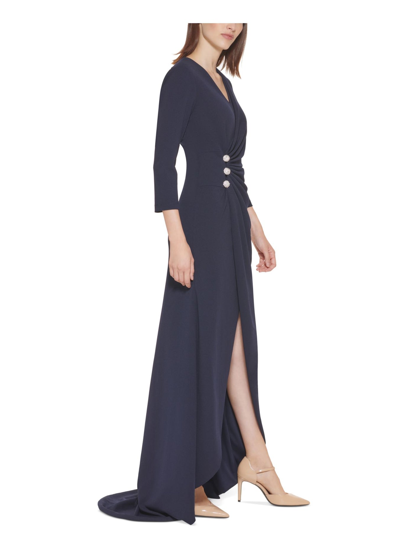 CALVIN KLEIN Womens Navy Zippered Pleated Button Detail Gown Lined 3/4 Sleeve V Neck Full-Length Formal Faux Wrap Dress 8