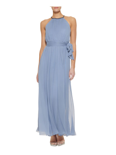 DKNY Womens Blue Zippered Beaded Tie Belt Sheer Pleated Sleeveless Halter Full-Length Formal Gown Dress 16