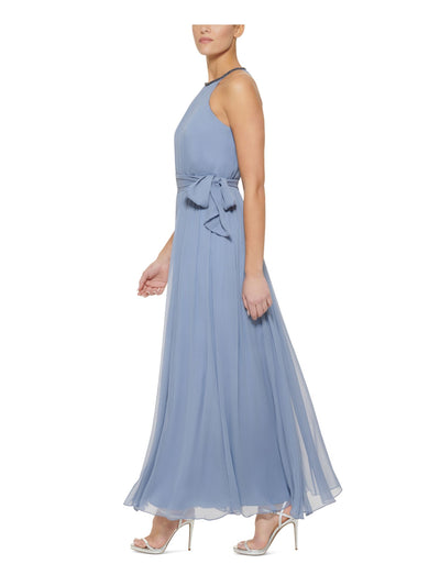 DKNY Womens Blue Zippered Beaded Tie Belt Sheer Pleated Sleeveless Halter Full-Length Formal Gown Dress 16