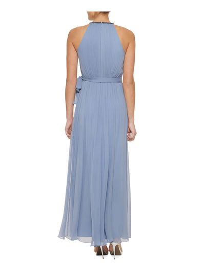 DKNY Womens Blue Zippered Beaded Tie Belt Sheer Pleated Sleeveless Halter Full-Length Formal Gown Dress 16