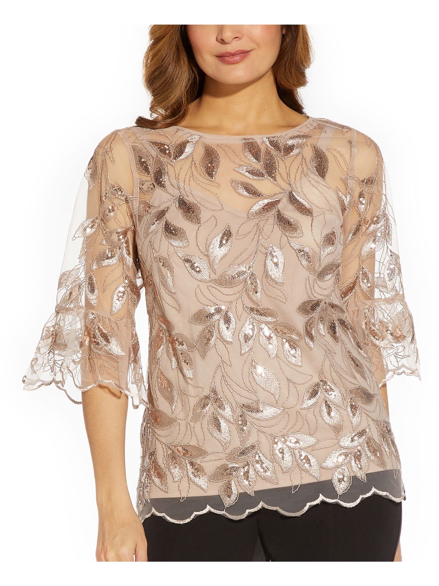 ADRIANNA PAPELL Womens Beige Embellished Zippered Scalloped Lined Bell Sleeve Boat Neck Evening Top 2