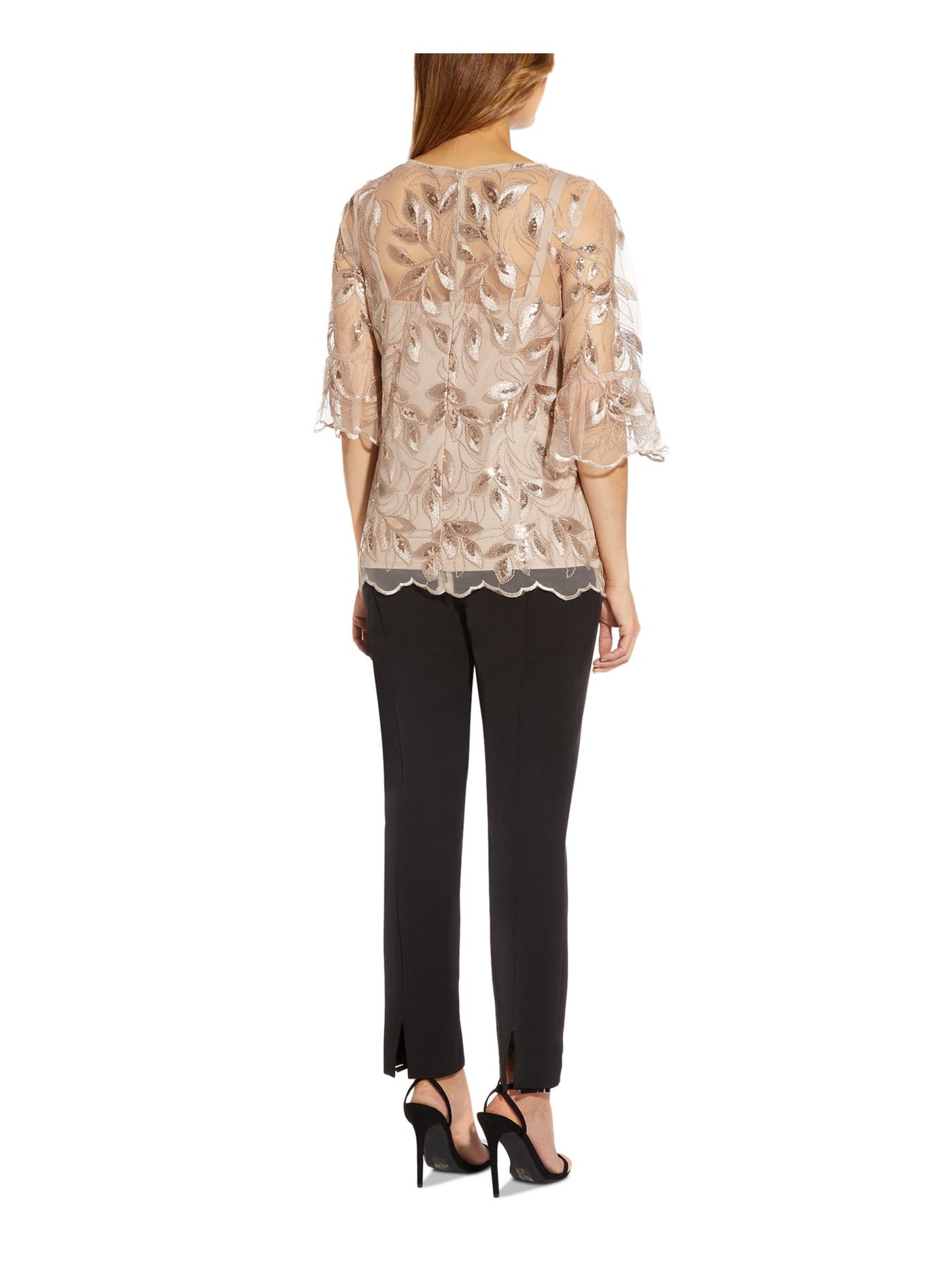 ADRIANNA PAPELL Womens Embellished Zippered Scalloped Lined Bell Sleeve Boat Neck Evening Top