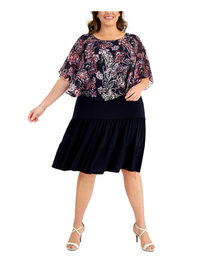 CONNECTED APPAREL Womens Navy Unlined Ruffled Pullover Tiered Elbow Sleeve Boat Neck Knee Length Fit + Flare Dress Plus 20W