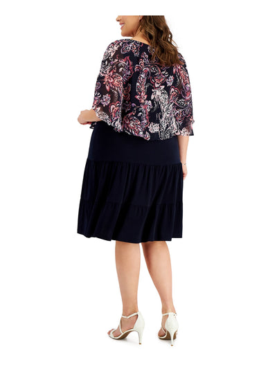 CONNECTED APPAREL Womens Navy Unlined Ruffled Pullover Tiered Elbow Sleeve Boat Neck Knee Length Fit + Flare Dress Plus 20W