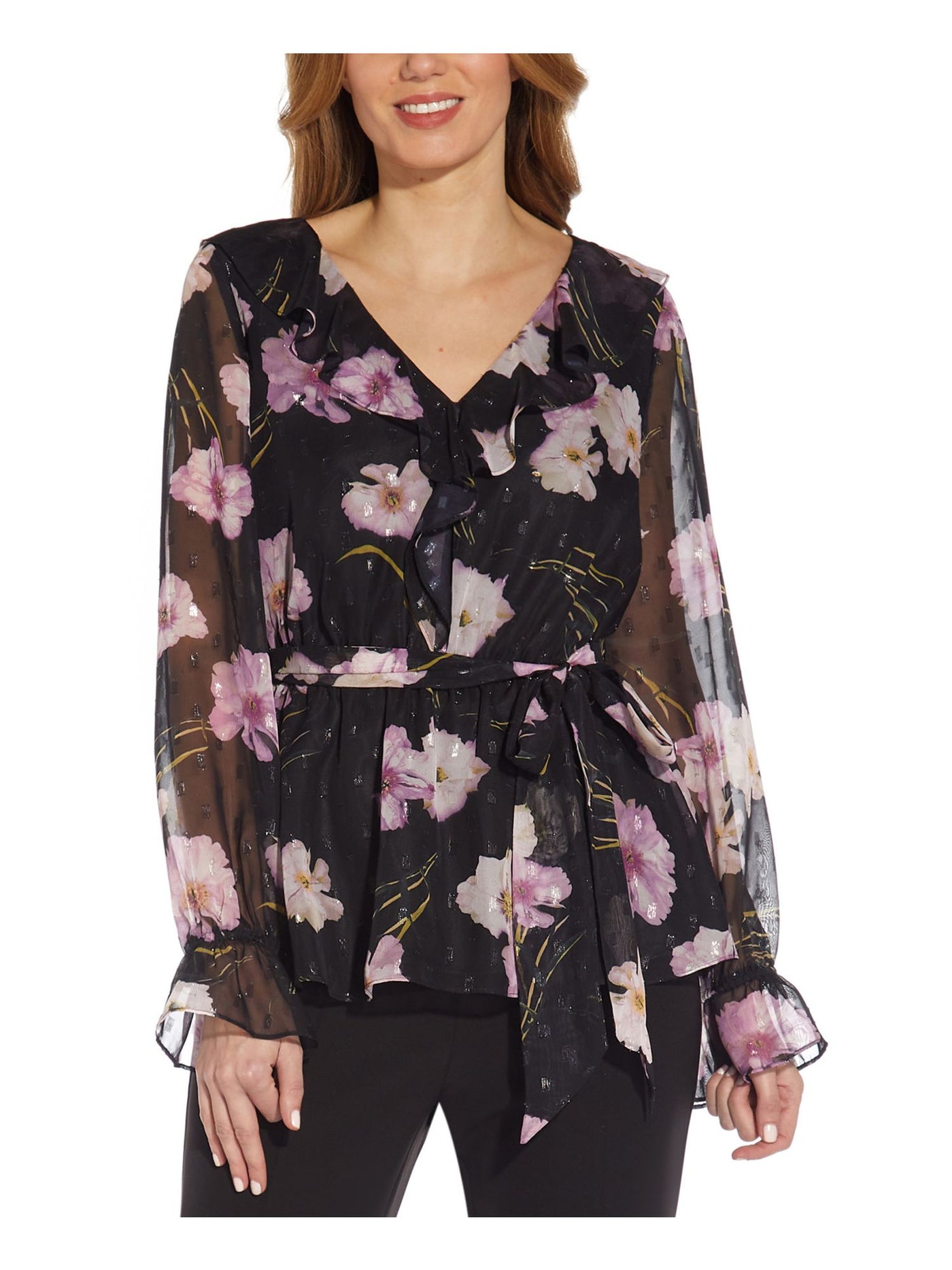 SPEECHLESS Womens Black Sheer Ruffled Floral Balloon Sleeve V Neck Wear To Work Top 57