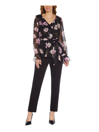 ADRIANNA PAPELL Womens Black Sheer Ruffled Floral Balloon Sleeve V Neck Wear To Work Top 2