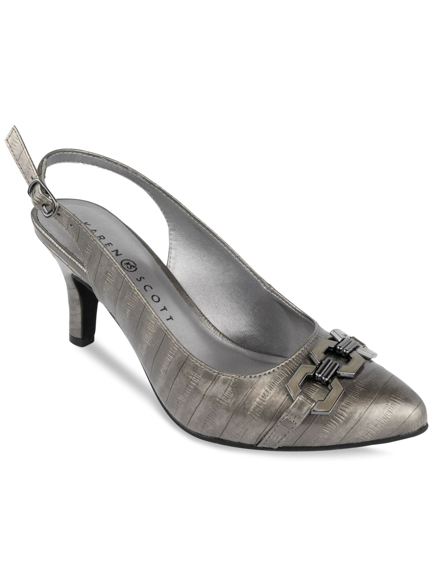 KAREN SCOTT Womens Gray Patterned Hardware Detail Adjustable Padded Gildda Almond Toe Kitten Heel Buckle Dress Slingback 9 M