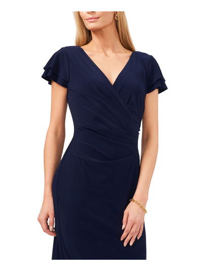 MSK Womens Navy Jersey Ruched Pullover Tiered Flutter Sleeve Surplice Neckline Above The Knee Cocktail Sheath Dress S