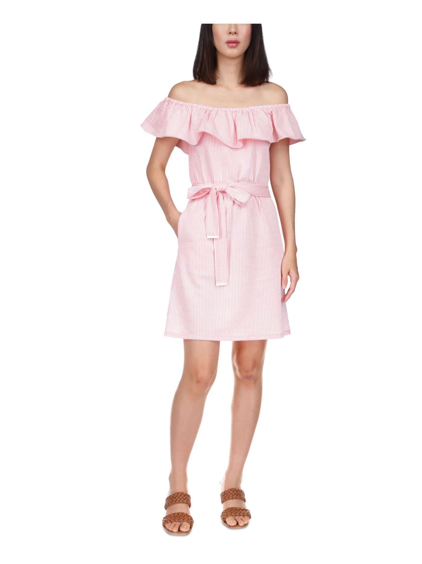 MICHAEL KORS Womens Pink Pocketed Textured Tie Waist Unlined Ruffled Striped Short Sleeve Off Shoulder Above The Knee Sheath Dress XS