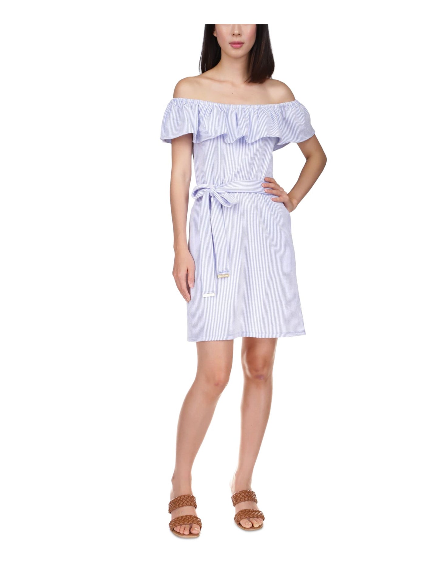 MICHAEL KORS Womens Blue Pocketed Textured Tie Waist Unlined Ruffled Striped Short Sleeve Off Shoulder Above The Knee Sheath Dress XL