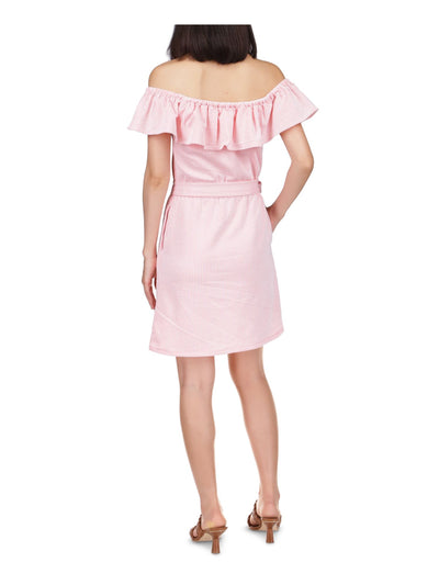 MICHAEL MICHAEL KORS Womens Pink Pocketed Textured Tie Waist Unlined Ruffled Striped Short Sleeve Off Shoulder Above The Knee Sheath Dress XS