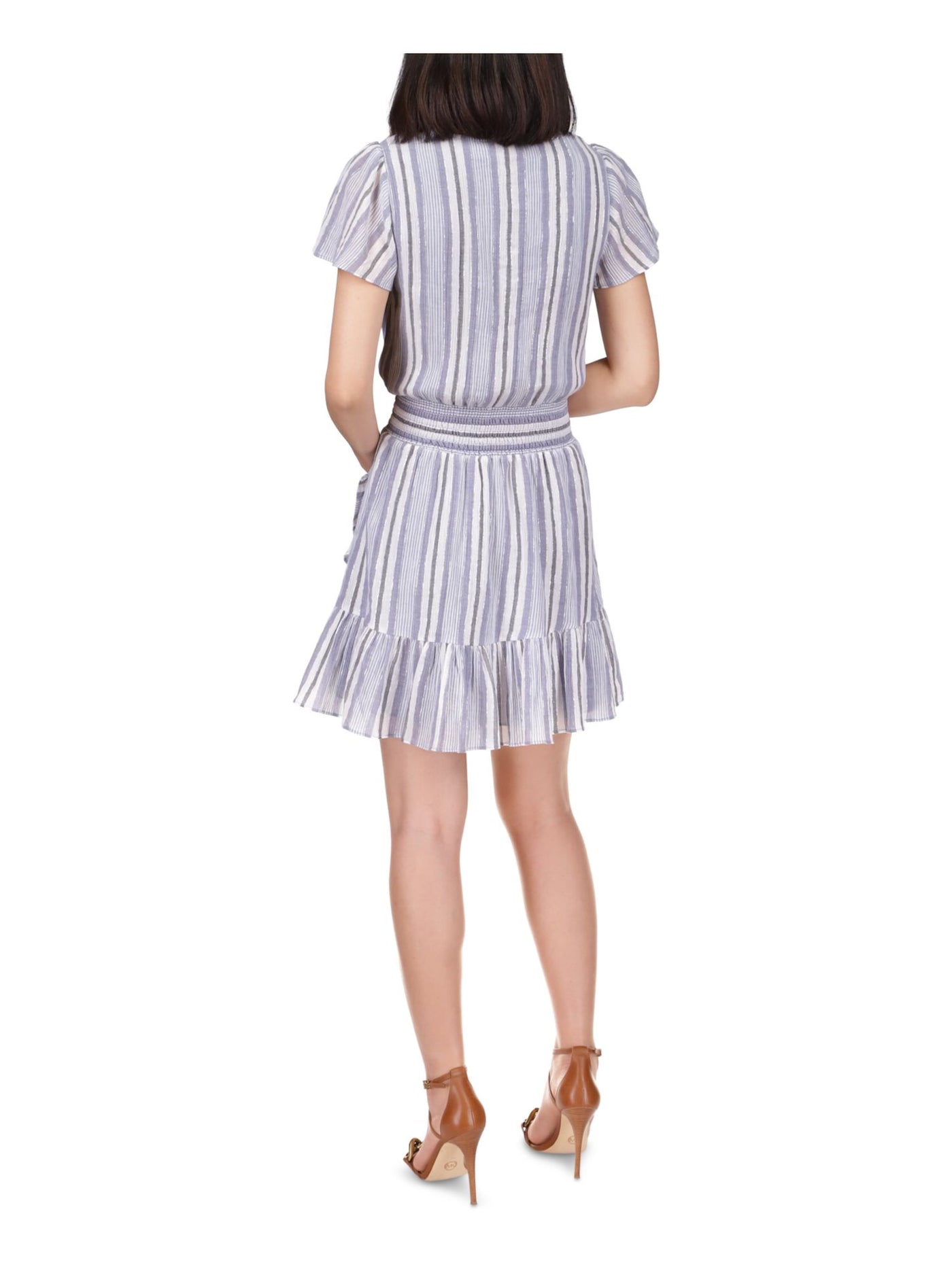 MICHAEL MICHAEL KORS Womens Navy Smocked Ruffled Pullover Lined Striped Flutter Sleeve Surplice Neckline Short Party Faux Wrap Dress XL