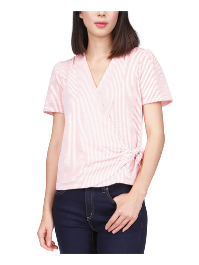 MICHAEL KORS Womens Pink Gathered Tie Snap Button Closure Striped Short Sleeve Surplice Neckline Faux Wrap Top XS