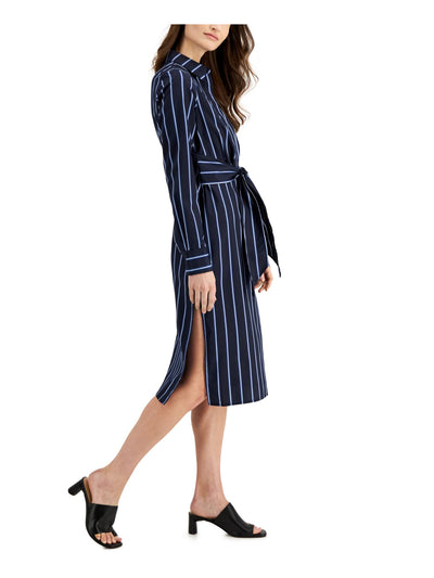 DONNA KARAN NEW YORK Womens Navy Zippered Unlined Tie Belt Slit Sides Button Top Striped Cuffed Sleeve Collared Midi Shirt Dress 2