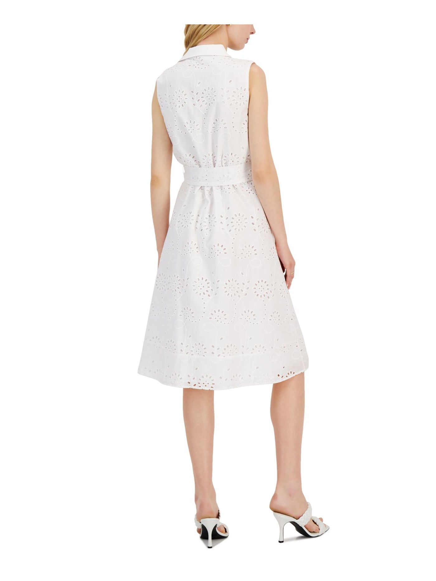 DONNA KARAN NEW YORK Womens White Eyelet Lined Tie Belt Asymmetrical Hem Sleeveless Collared Knee Length Fit + Flare Dress 2