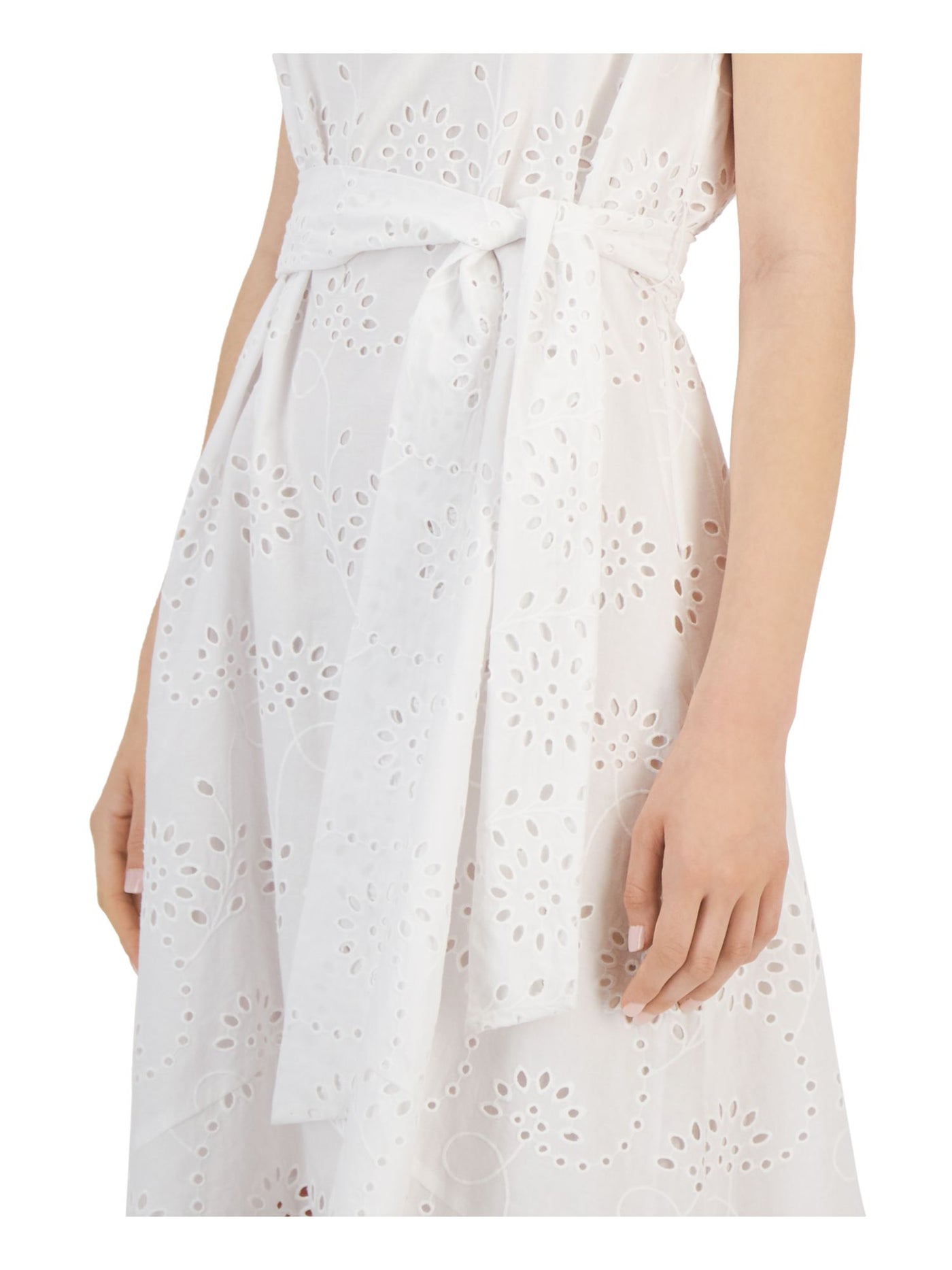 DONNA KARAN NEW YORK Womens White Eyelet Lined Tie Belt Asymmetrical Hem Sleeveless Collared Knee Length Fit + Flare Dress 2