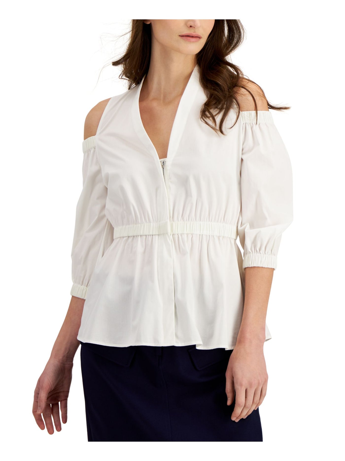 DONNA KARAN Womens White Cold Shoulder Sheer Unlined Pullover 3/4 Sleeve V Neck Peplum Top S