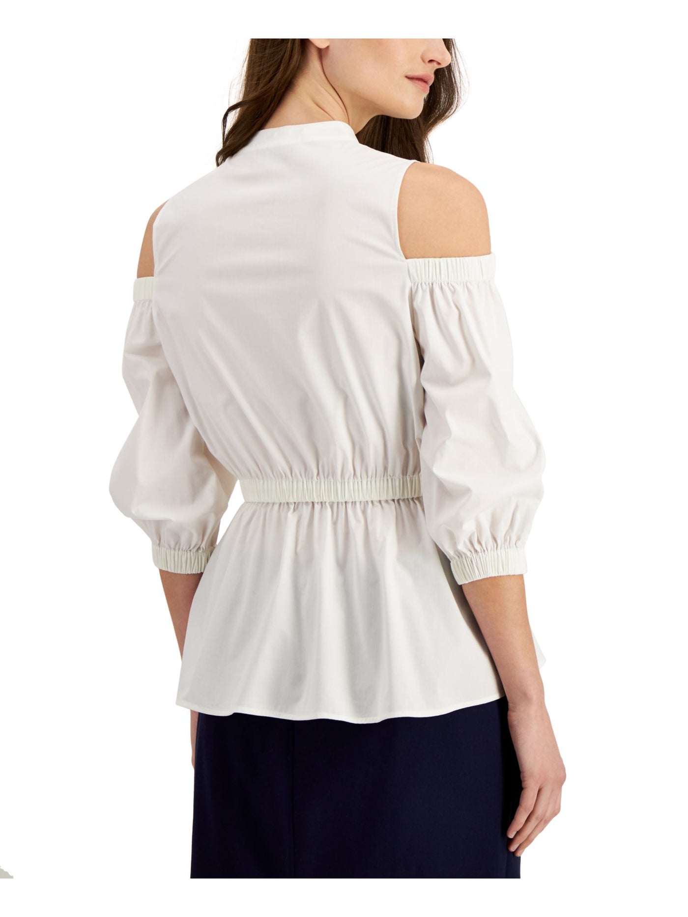 DONNA KARAN Womens White Cold Shoulder Sheer Unlined Pullover 3/4 Sleeve V Neck Peplum Top S