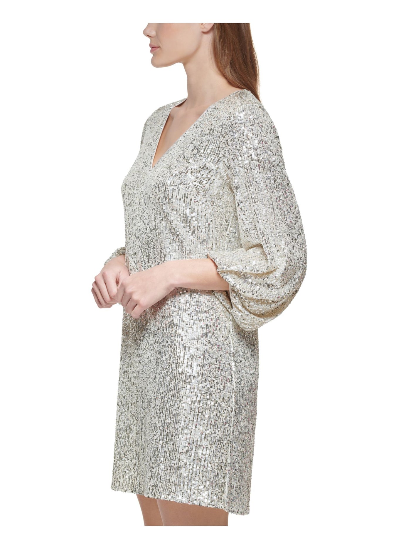 ELIZA J Womens Beige Sequined Zippered Lined Sheer Blouson Sleeve V Neck Short Evening Shift Dress Petites 2P