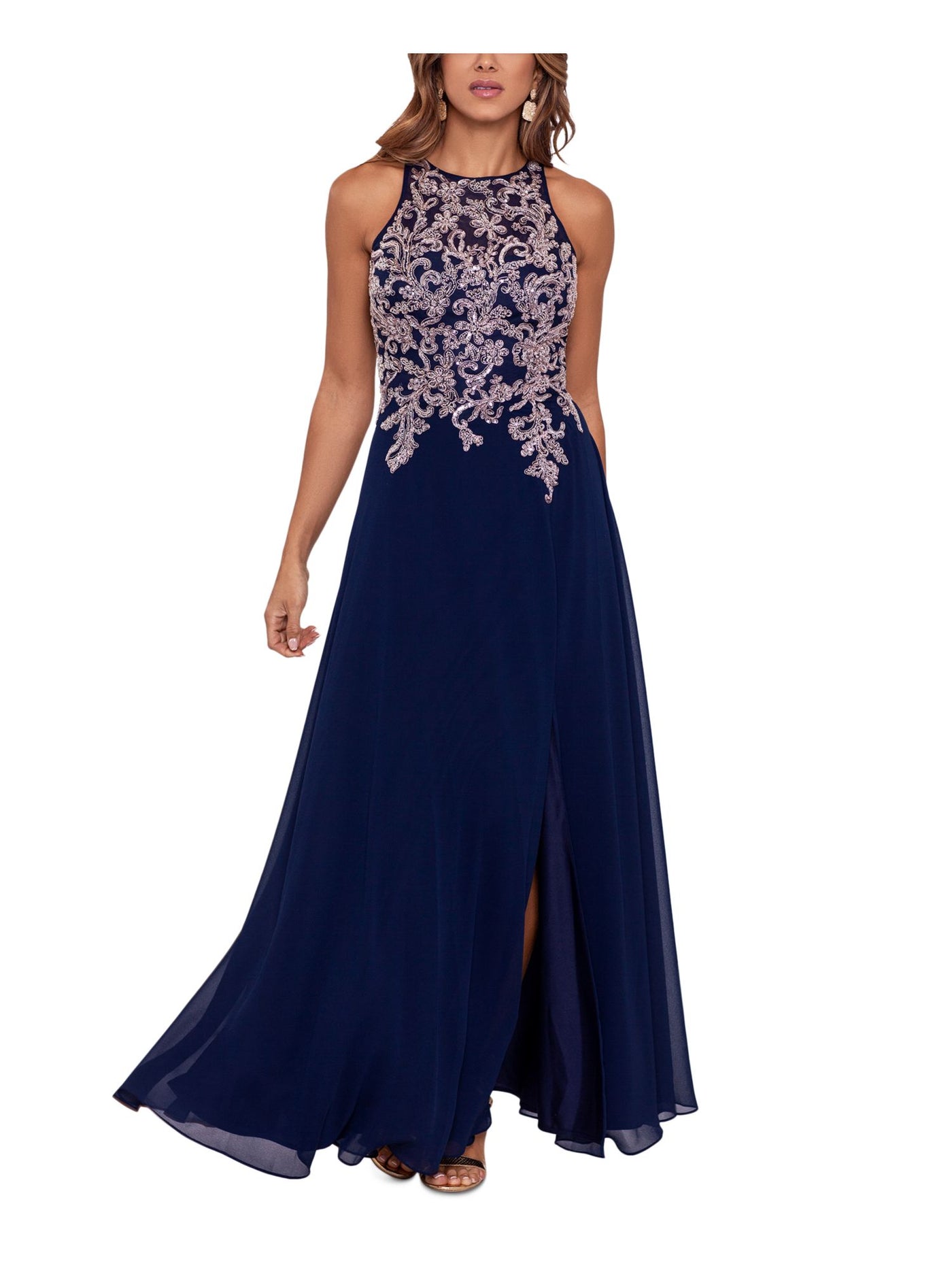 BETSY & ADAM Womens Navy Sequined Zippered Embroidered Lined Sleeveless Round Neck Full-Length Evening Gown Dress Petites 4P