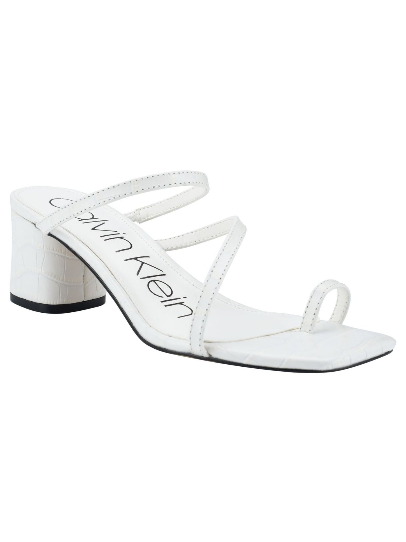 CALVIN KLEIN Womens White Toe Ring Asymmetrical Padded Belma Square Toe Block Heel Slip On Leather Dress Heeled Sandal 5 M