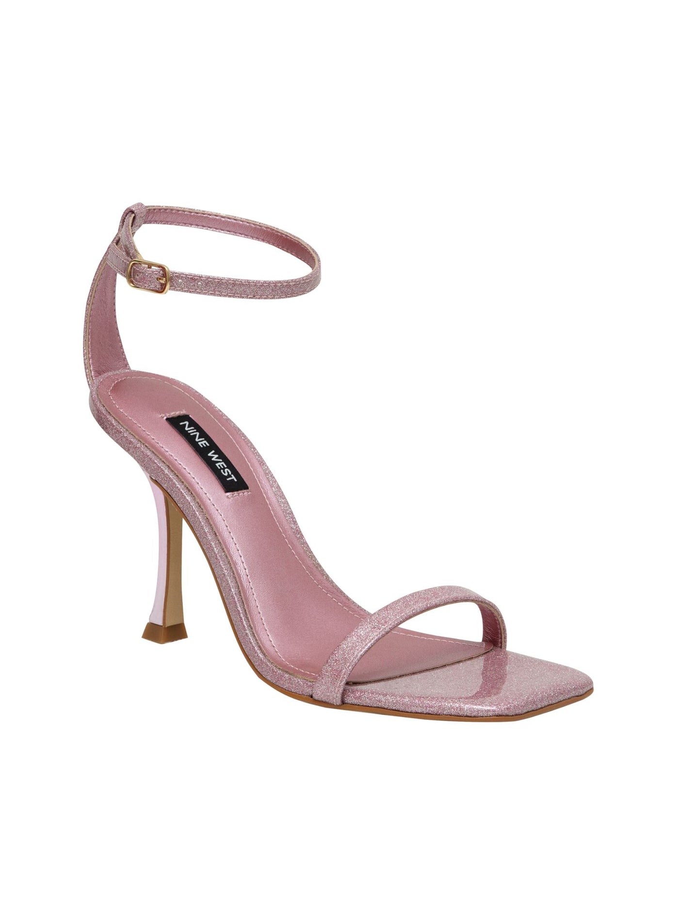 NINE WEST Womens Pink Padded Glitter Metallic Heel Adjustable Strap Ankle Strap Yess Square Toe Flare Buckle Dress Sandals 5 M